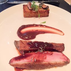 Duck breast, mission fig, toasted quinoa bar, lavender jus